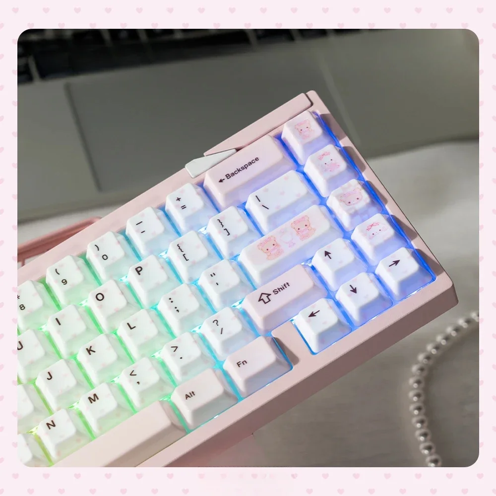 Close-up of the Whimsical Bear Tea Party Ceramic Keycap Set showcasing its unique smooth ceramic texture and charming pastel bear designs from a detail.