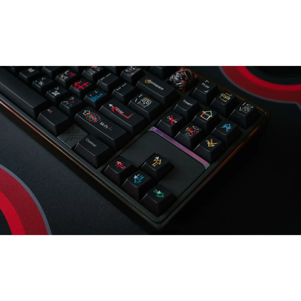Close-up of Vibrant Black Doodle Cherry Keycaps, revealing intricate dye-sublimated street art doodles on a sleek black base for an urban keyboard aesthetic.