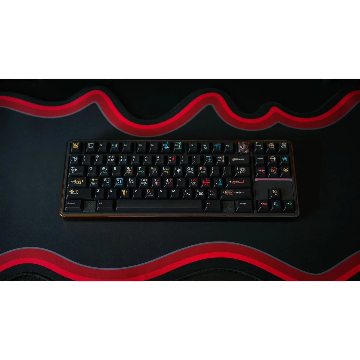 Vibrant Black Doodle Cherry Keycap Set, showcasing dynamic street art doodles on a black base with dye-sublimated urban art design for an artistic keyboard.
