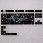 Bone Blade PBT keycaps for mechanical keyboards, showcasing unique side-lit legends, dramatic icy aesthetics, and delicate floral artistry across various angles.
