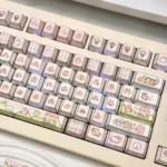 Whimsical Bunny Ice Cream PBT keycaps set with bunny and pink ice cream motifs from various angles for a playful keyboard.