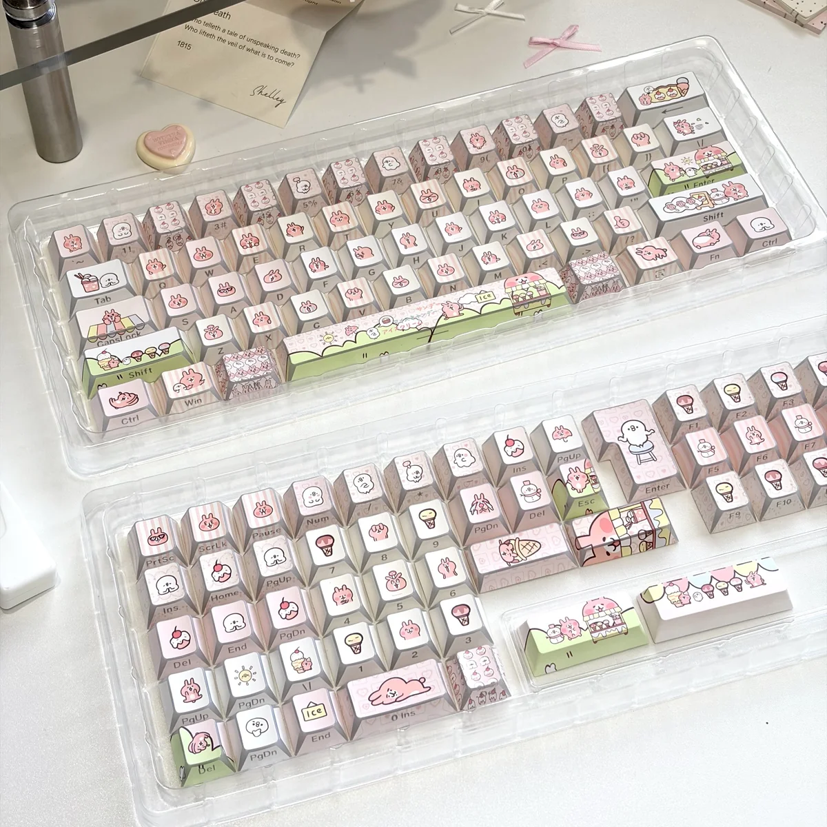 A charming Bunny PBT keycap set, viewed from a delightful angle, featuring whimsical pastel hues, an adorable bunny, and an ice cream motif.