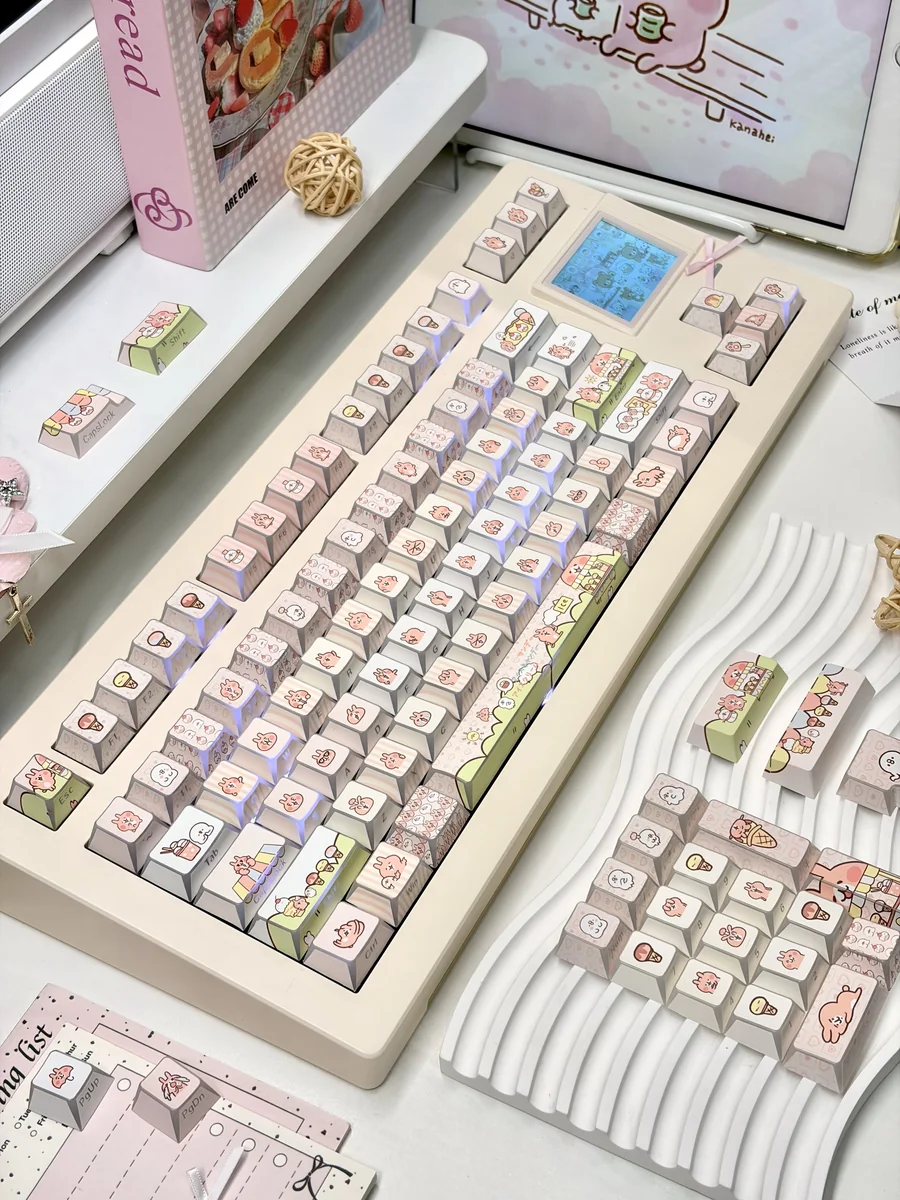 A collection of whimsical Bunny Ice Cream PBT keycaps set, showcasing various adorable bunny and sweet ice cream designs from multiple angles.