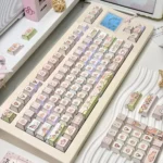 Whimsical Bunny Keycaps Set featuring adorable pastel bunnies and sweet ice cream designs on a PBT keycap set, perfect for a playful keyboard.