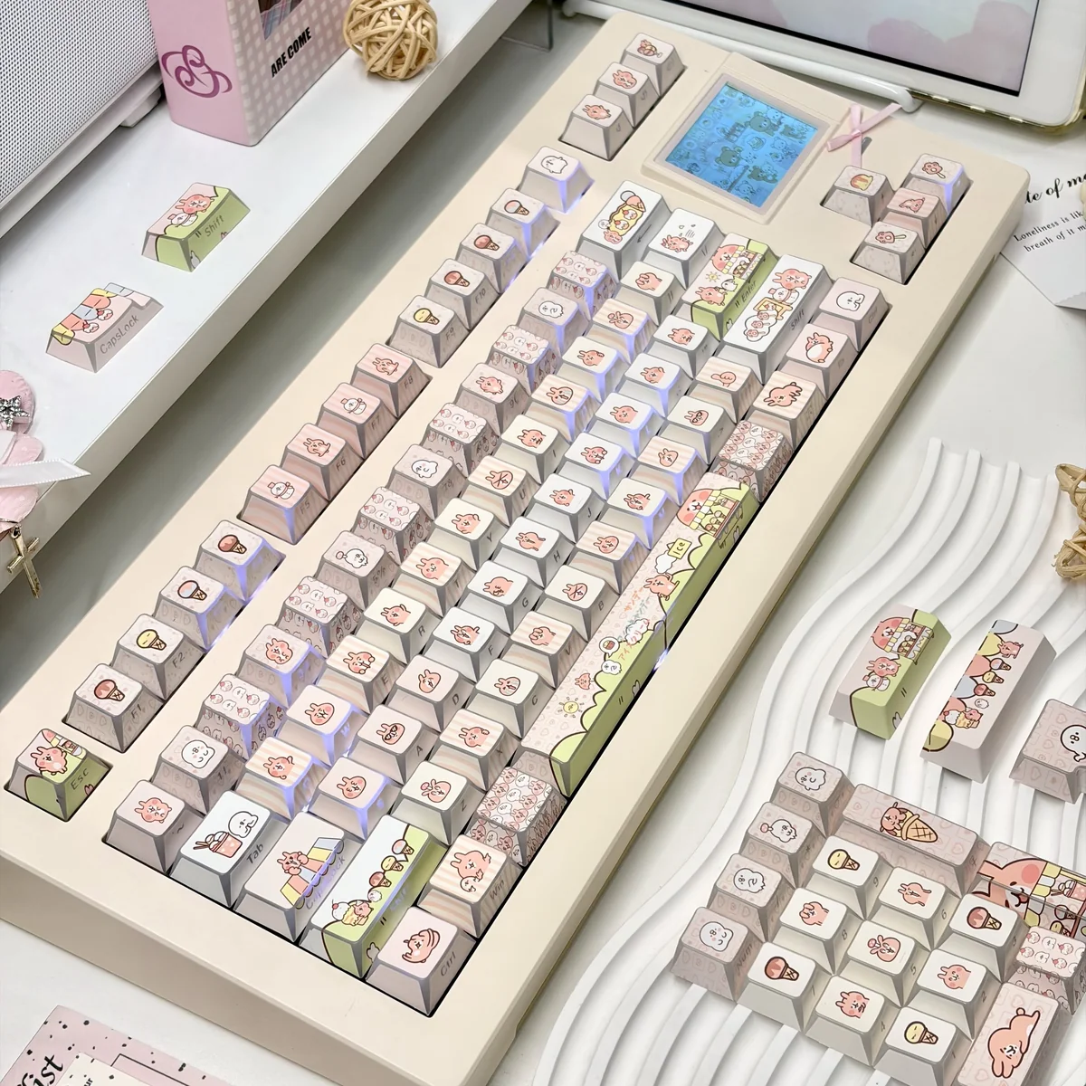Whimsical Bunny Keycaps Set featuring adorable pastel bunnies and sweet ice cream designs on a PBT keycap set, perfect for a playful keyboard.