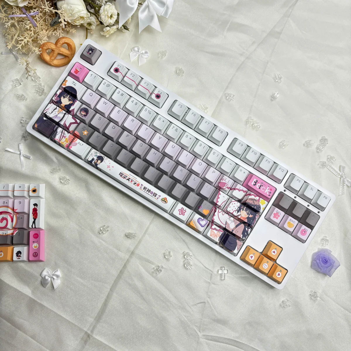 Cafe Stella and the Reaper's Butterflies Shiki Natsume PBT backlit keycaps set showcased from multiple artistic angles, highlighting dreamy anime character art.