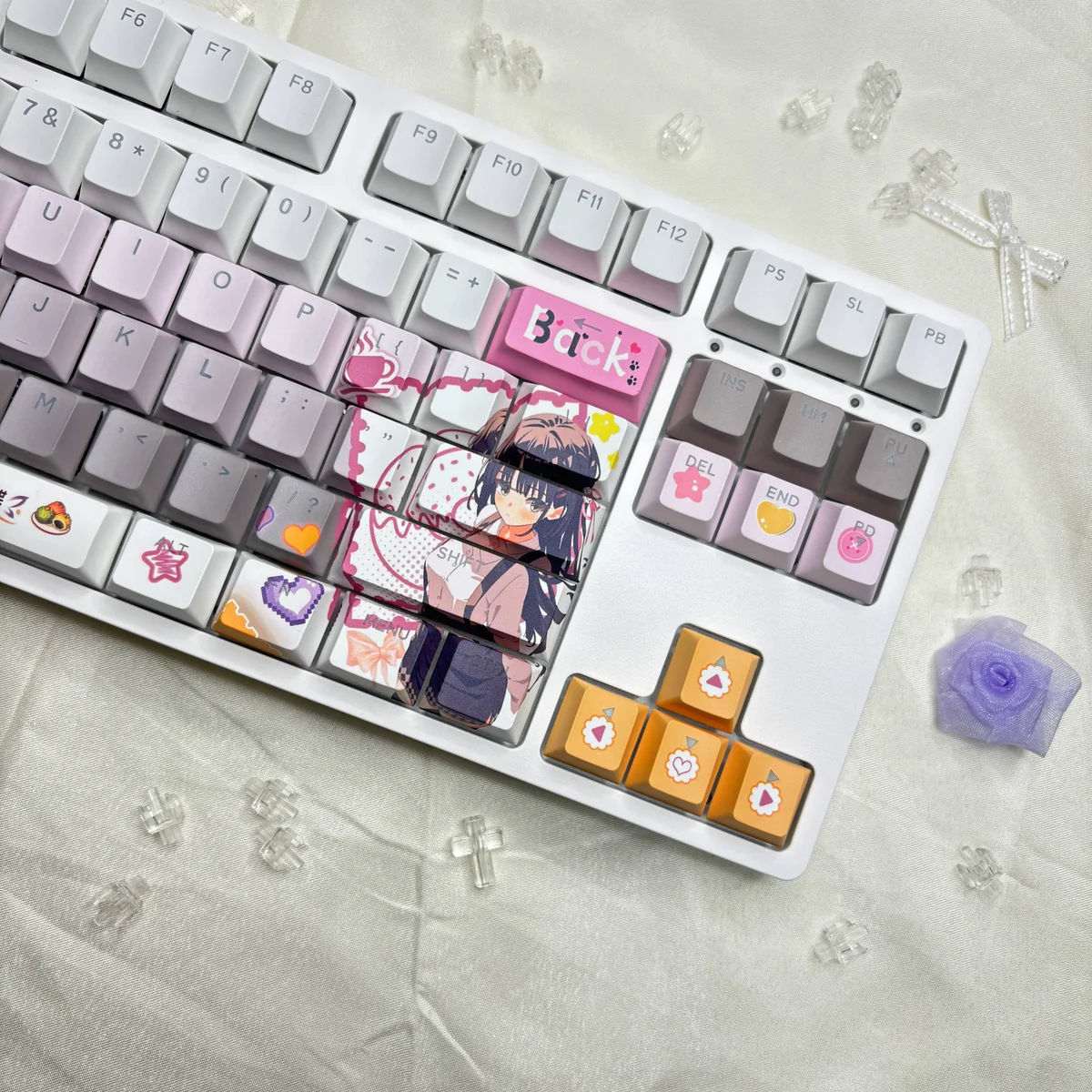 A gallery of Cafe Stella and the Reaper's Butterflies Shiki Natsume PBT backlit keycaps, showcasing the dreamy anime character art and translucent legends from multiple angles.