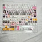 Cafe Stella and the Reaper's Butterflies Shiki Natsume PBT backlit keycaps set from multiple artistic angles, highlighting the dreamy anime character art and translucent legends.