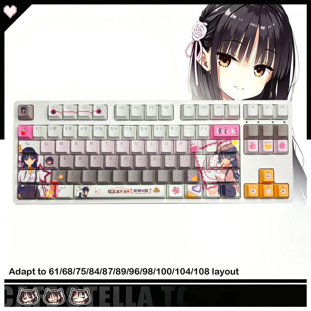 Cafe Stella and the Reaper's Butterflies Shiki Natsume PBT backlit keycaps set. Dreamy anime art, soft hues, and translucent legends illuminate, highlighting its artistic quality design.