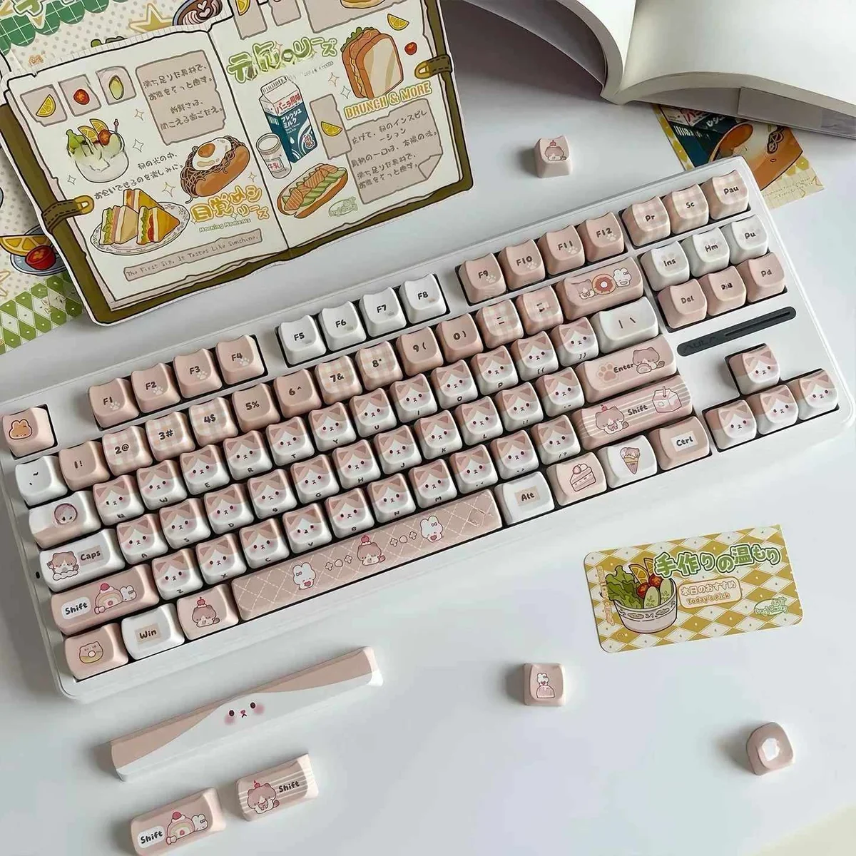 A charming close-up of the artisan caramel cat PBT MOA profile keycap, showcasing its whimsical handcrafted details and adorable feline design.