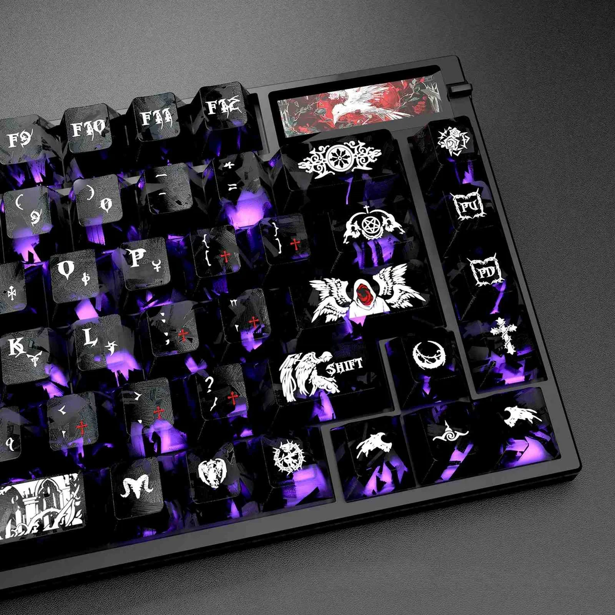 Dark Angel Carbon Fiber Backlit PC Keycap Set, close-up. Showcases sleek carbon fiber texture and dark angel motifs. Artistic, premium PC keycaps..