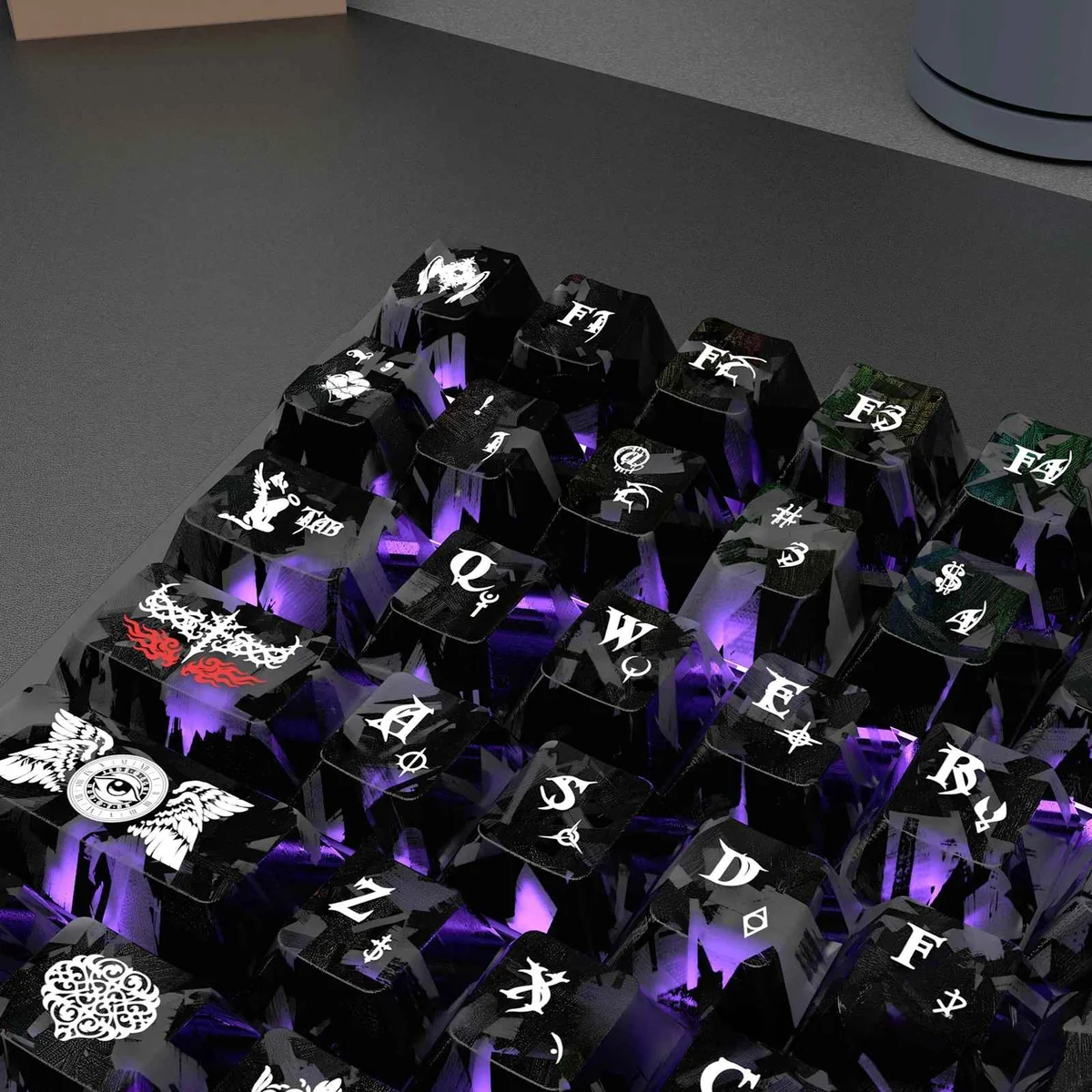 Detailed view of Dark Angel Carbon Fiber Backlit PC keycaps, revealing sleek carbon fiber texture and dark angel motifs. Premium PC keycaps.