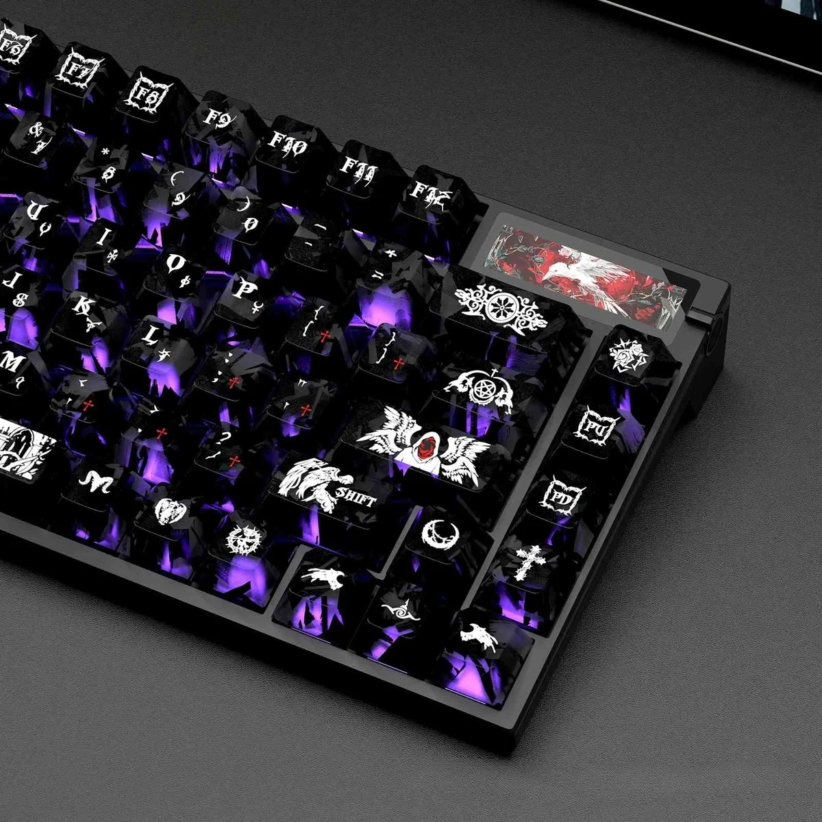 Dark Angel Carbon Fiber Backlit Keycap Set. This specific angle showcases its sleek carbon fiber texture and dark angel motifs.