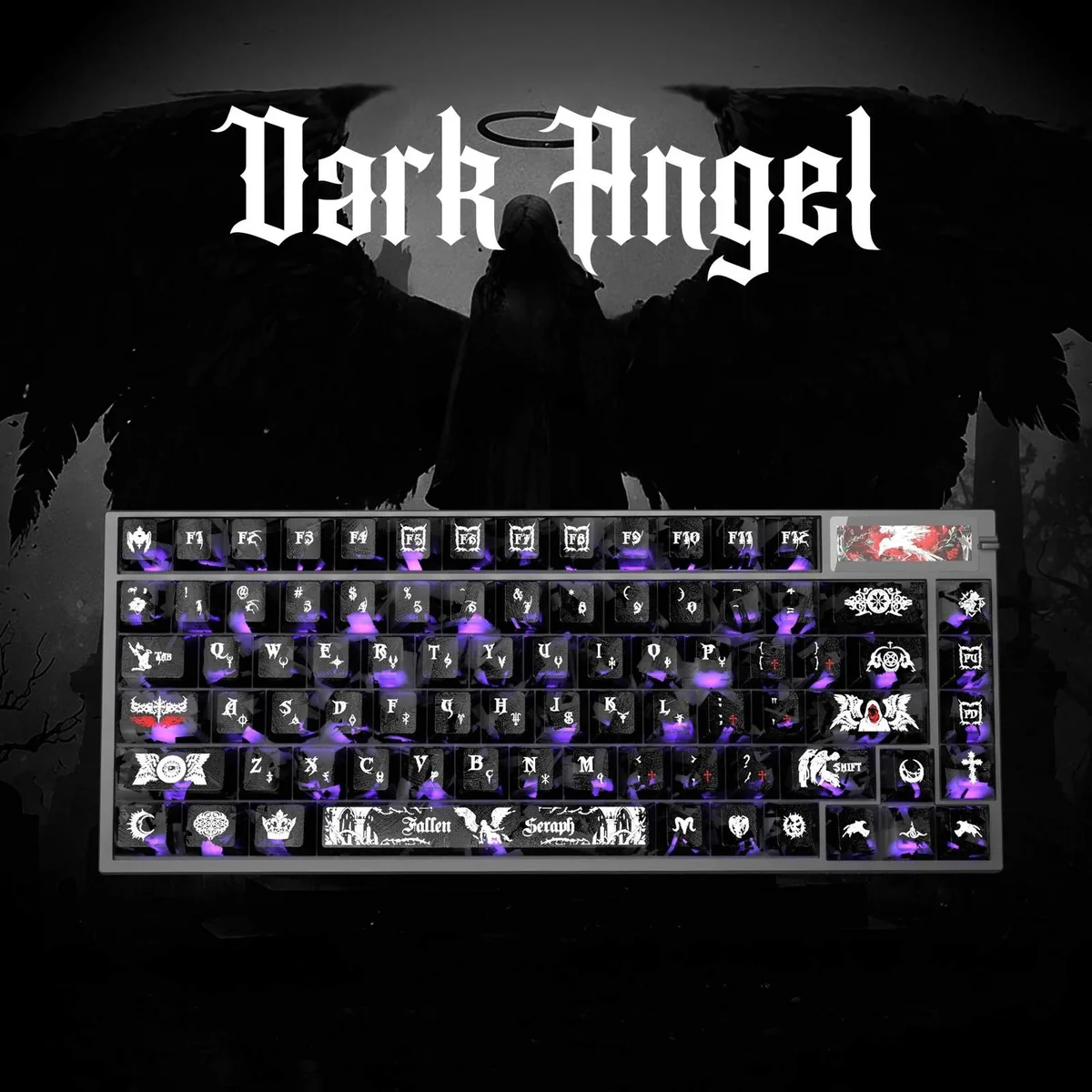 Premium Dark Angel Carbon Fiber Backlit PC keycaps set, featuring sleek carbon fiber texture and angel motifs for an artistic glow.