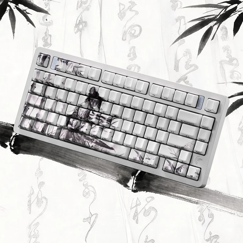 Luxurious The Solitary Scholar Ceramic Keycap Set, showcasing its refined minimalist design, tactile ceramic, and subtle side-engraved legends from multiple angles.