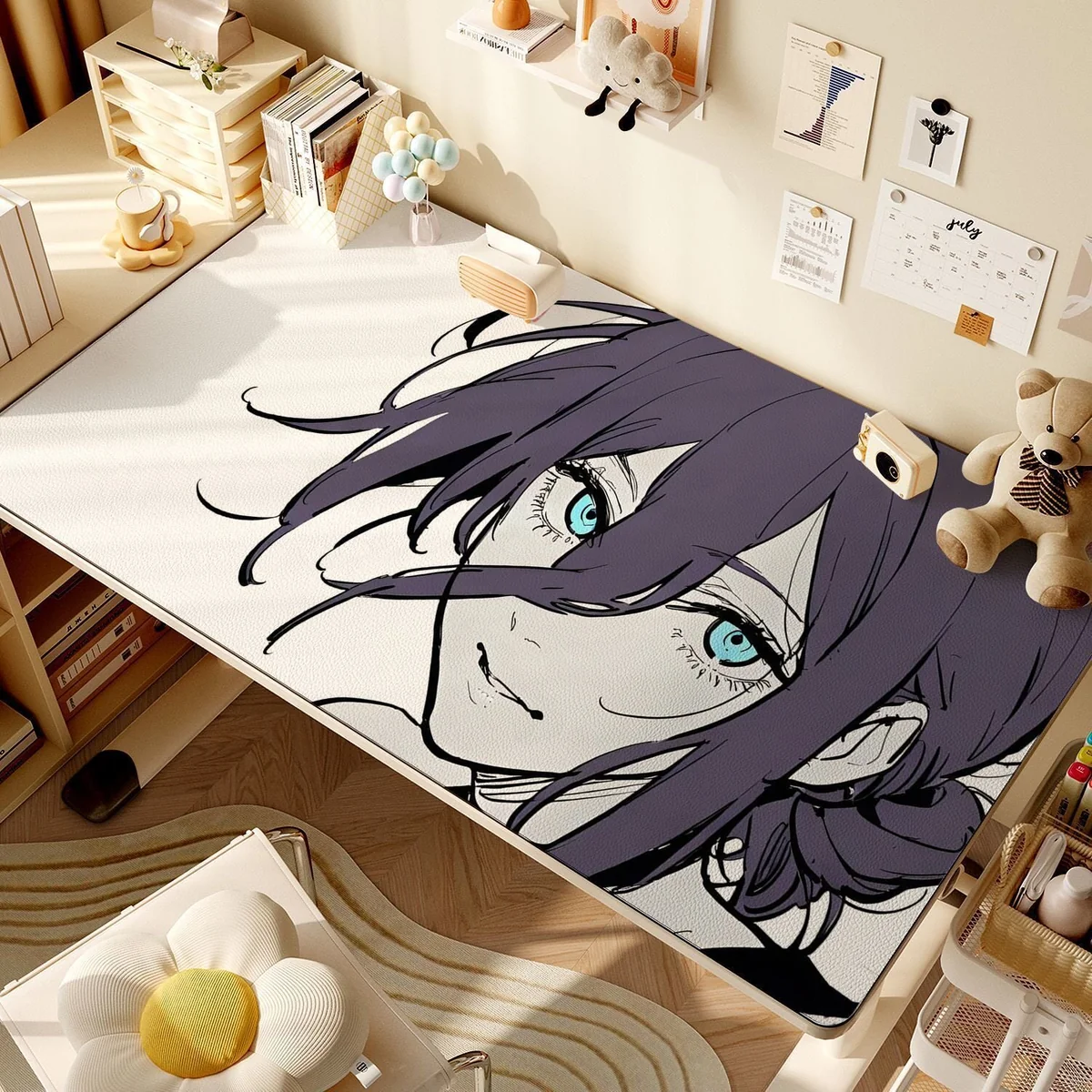 Chainsaw Man Blue Eyes Reze waterproof leather desk mat featuring vibrant anime art. This oil-proof, thickened mat is a sleek, artistic addition for any fan.