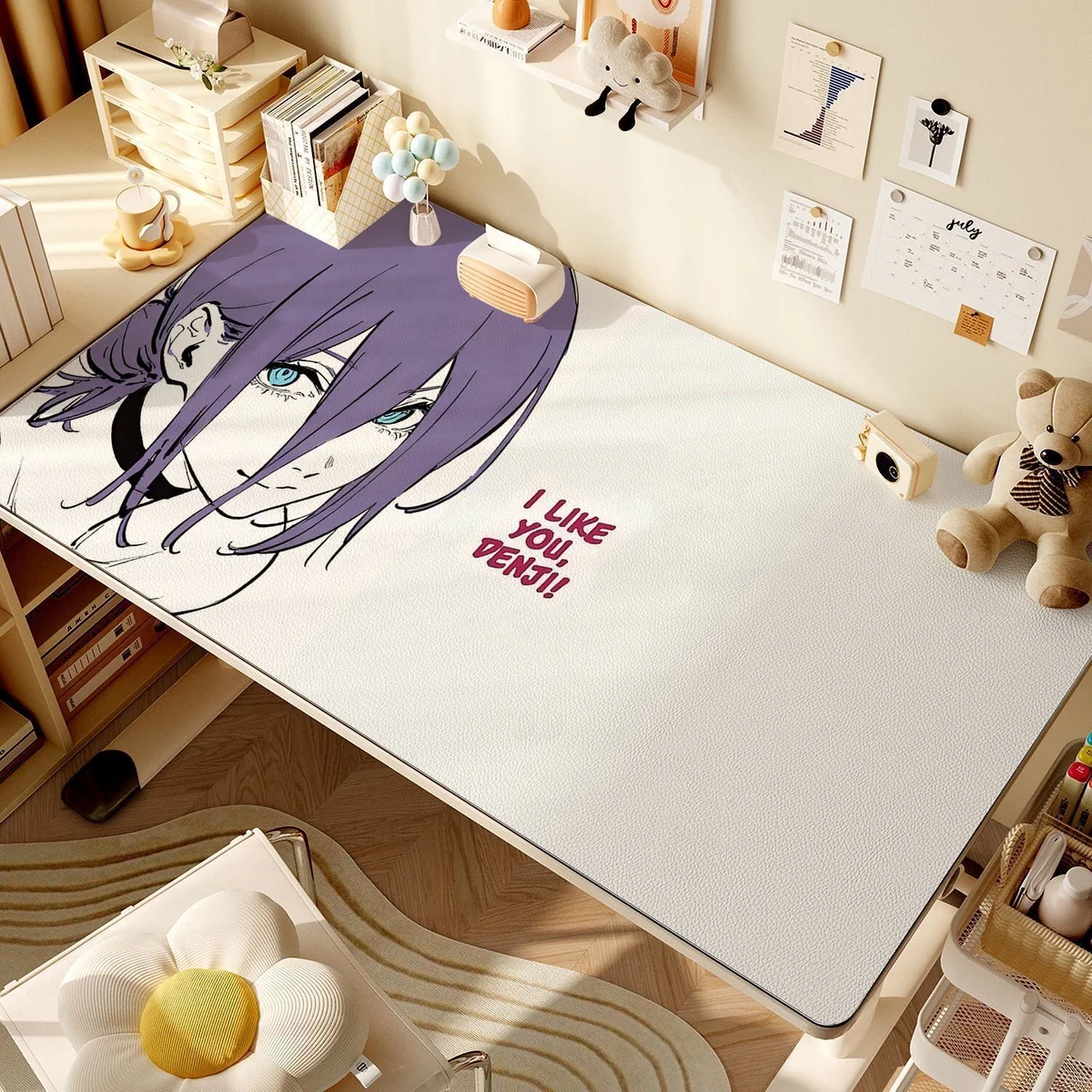 Close-up of a premium Confession Reze Chainsaw Man leather desk mat, highlighting durable, waterproof material and aesthetic character art.