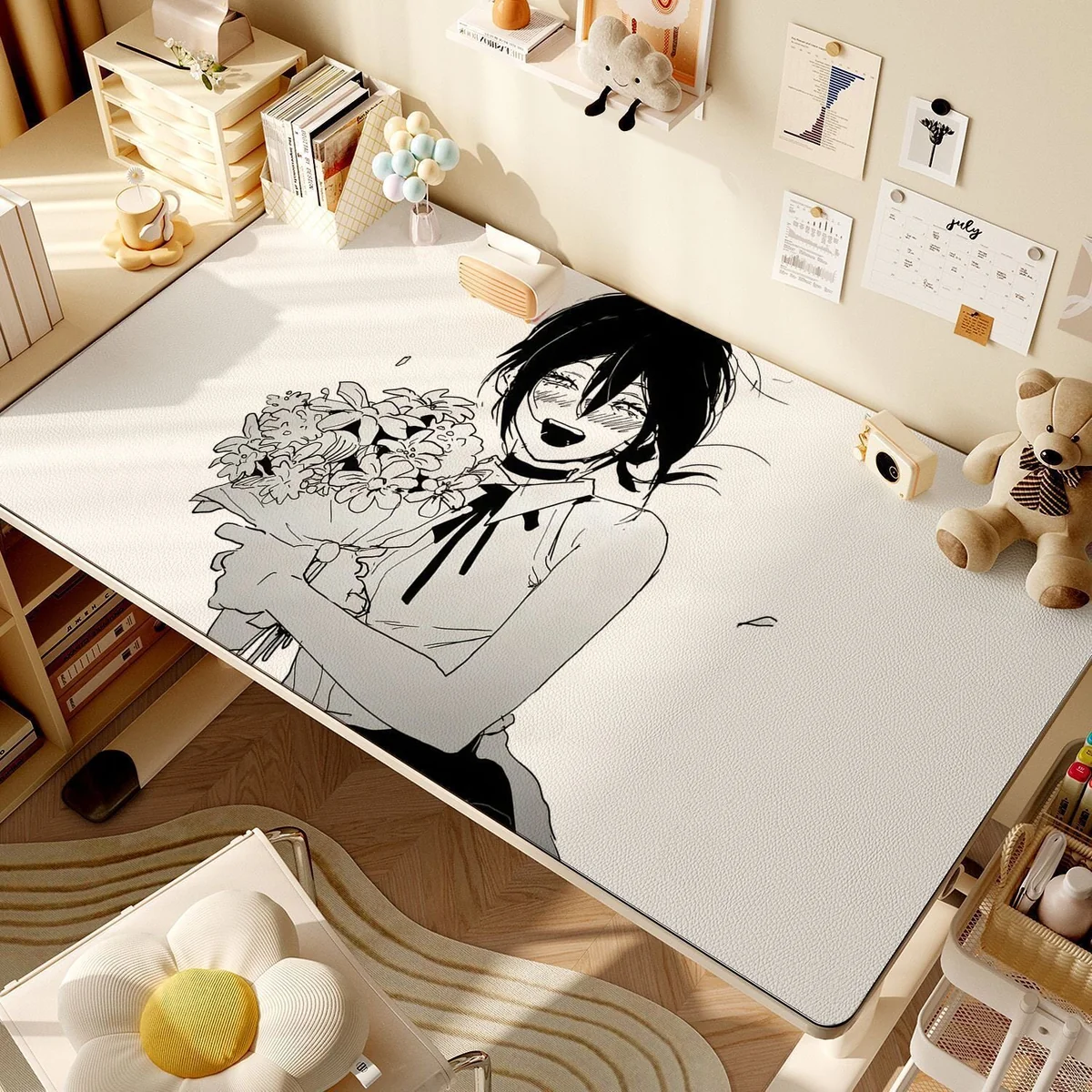 A vibrant Hugging Flower Reze Chainsaw Man desk mat, featuring dynamic character art on a durable, waterproof leather surface, perfect for fans.