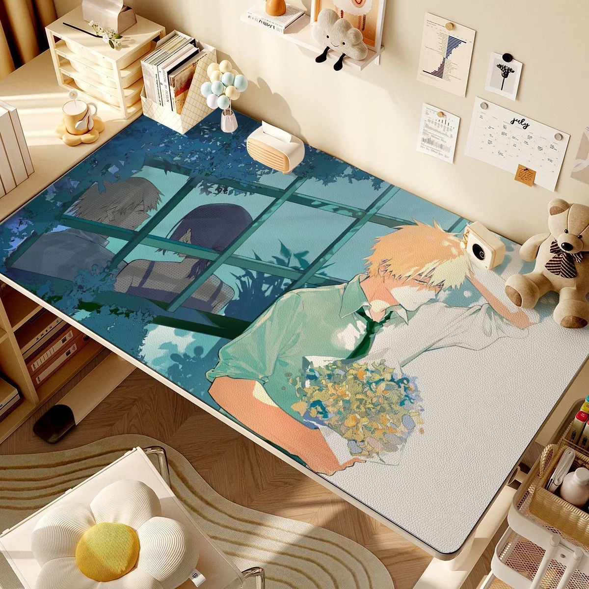 Official Chainsaw Man premium waterproof leather desk mat, featuring dynamic character art capturing intense scenes.