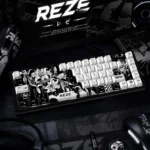 Chainsaw Man Reze 5.0 side-engraved keycaps set, showcasing multiple artistic angles and dark character motifs for a striking keyboard aesthetic.