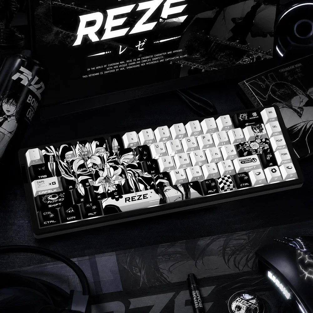 Chainsaw Man Reze 5.0 side-engraved keycaps set, showcasing multiple artistic angles and dark character motifs for a striking keyboard aesthetic.