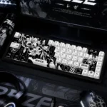 Artistic shot of the Iconic Reze 5.0 Chainsaw Man side-engraved keycaps, revealing the intricate character motifs and dark aesthetic.