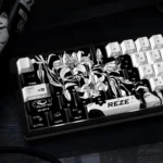 Iconic Reze 5.0 Chainsaw Man side-engraved keycaps set, shown from multiple angles, highlighting its dark, striking aesthetic and Reze motifs and dark aesthetic.