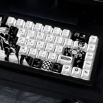 Artistic close-up of the iconic Reze 5.0 Chainsaw Man side-engraved keycaps, revealing dark character motifs and clean legends from a unique angle.