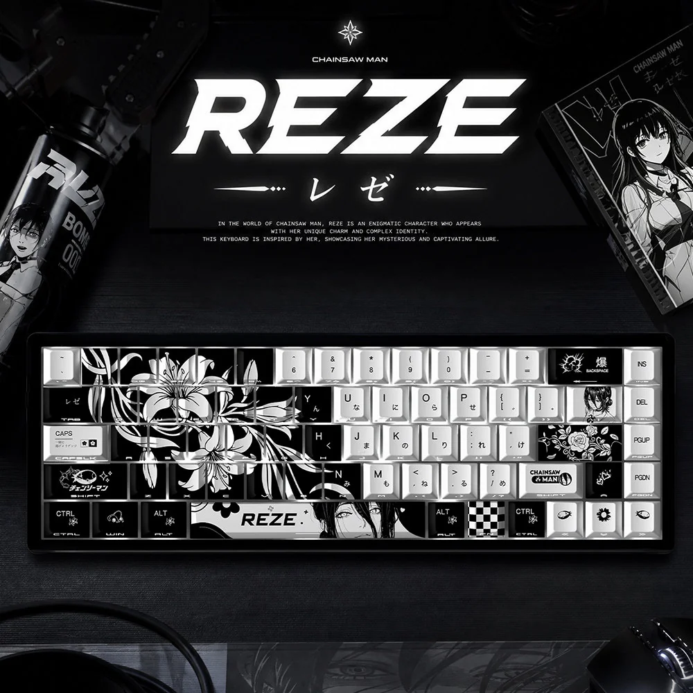 Iconic Chainsaw Man Reze 5.0 side-engraved keycaps set, featuring a striking dark aesthetic and artistic Reze character motifs.