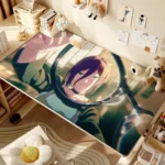 Artistic Chainsaw Man Reze With Glass premium waterproof leather desk mat, highlighting vibrant anime aesthetics and durable design.