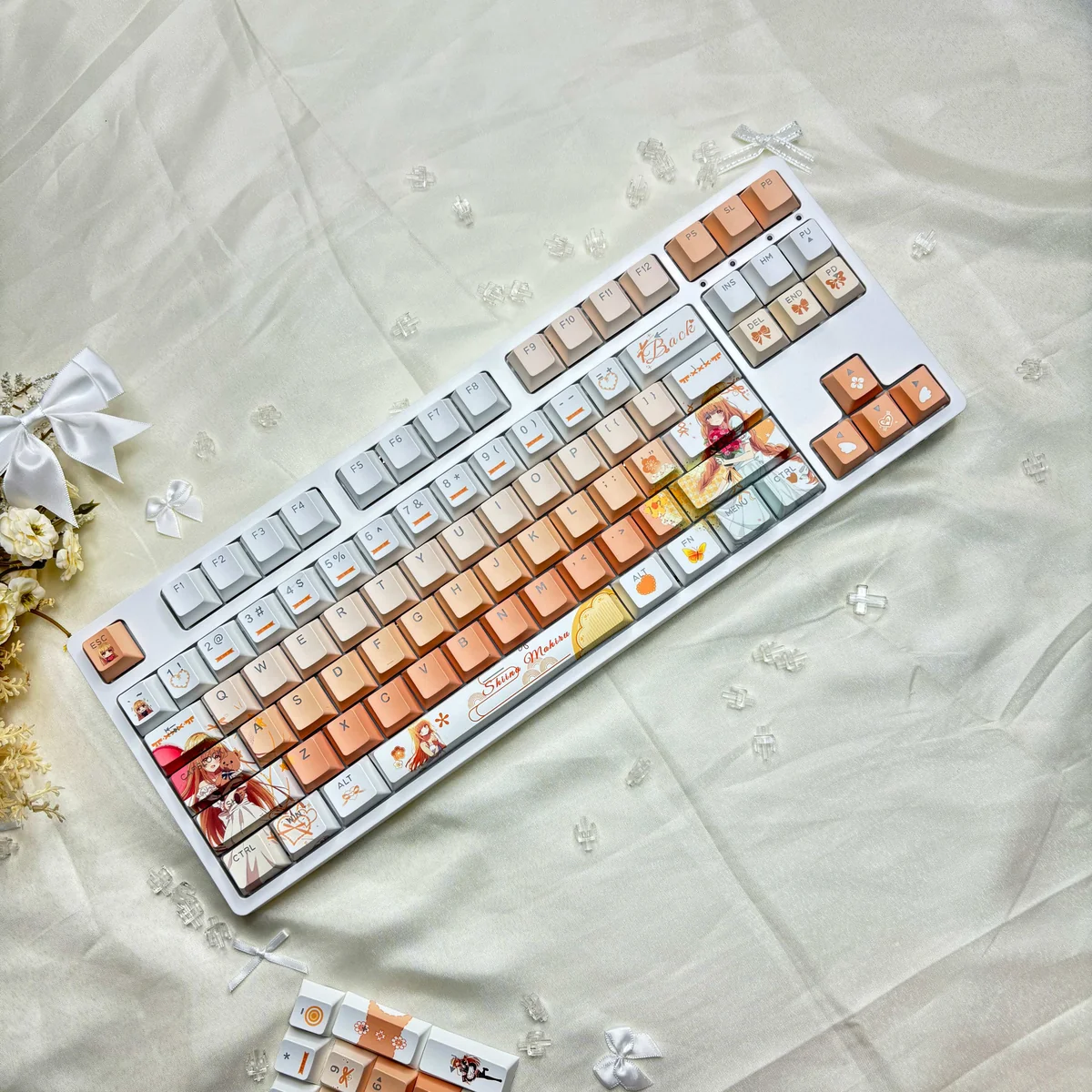 Close-up of the Charming Mahiru Shiina PBT backlit keycaps, showcasing the angelic design and luminous glow from multiple premium angles.
