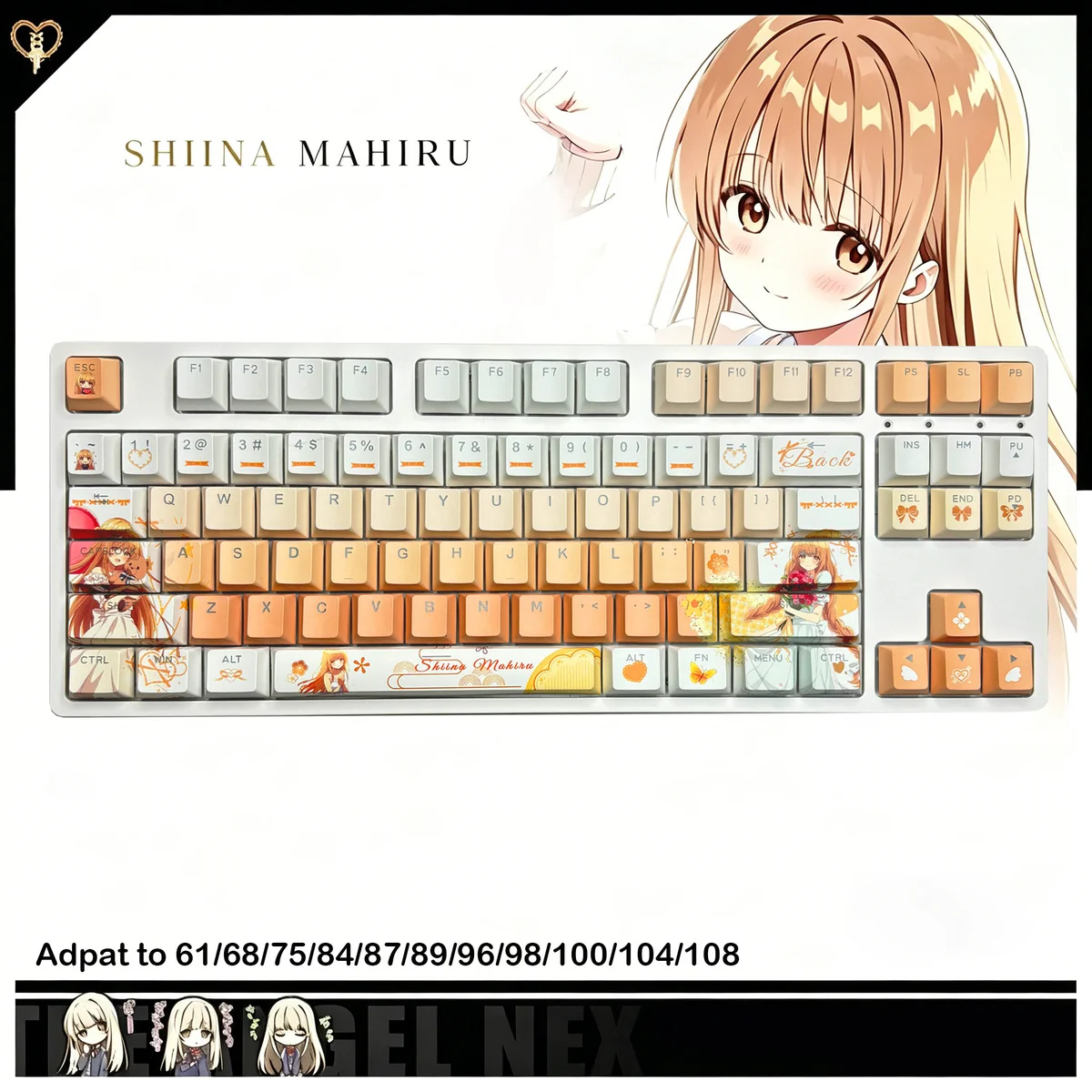 Stunning Charming Mahiru Shiina PBT Keycaps, featuring angelic white and soft pink hues, perfectly optimized for brilliant backlit glow.