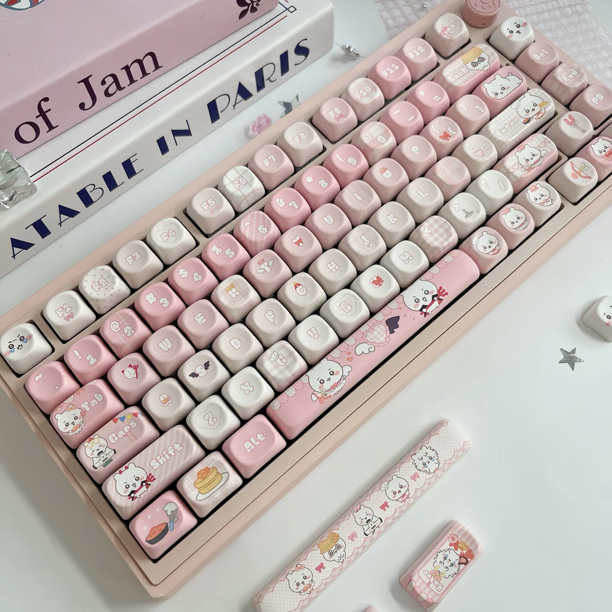 Adorable Chiikawa PBT dye-sub MOA keycaps in soft pink, showcasing whimsical characters from multiple angles, perfect for a cute desk setup.