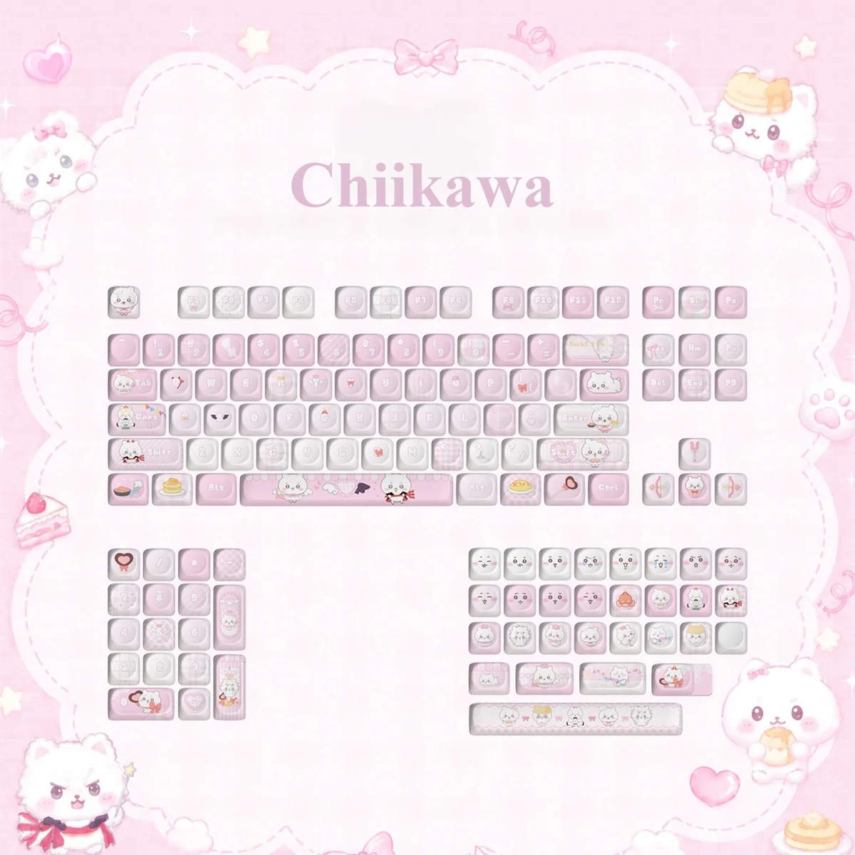 Adorable Chiikawa keycaps, a pink MOA PBT dye-sub set, shown from various angles. Features whimsical pink and white characters for a soft, pastel design.