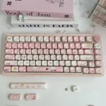 Whimsical pink Chiikawa keycaps, a full MOA PBT dye-sub set, showcasing adorable characters for a charming, playful desk aesthetic.