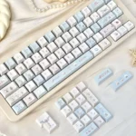 Playful Cloud Sheep Keycaps set, multiple angles, showcasing dreamy pastel clouds, cute sheep, smooth milky textures, and versatile profiles.
