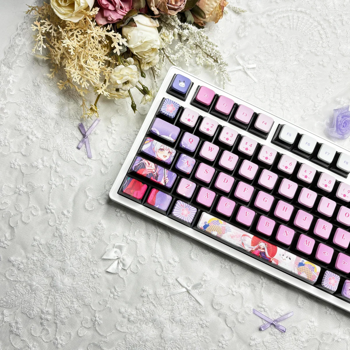 Yachiyo Runami MDA keycaps, showcasing intricate Japanese motifs and the ethereal moon princess design with vibrant four-sided RGB glow.