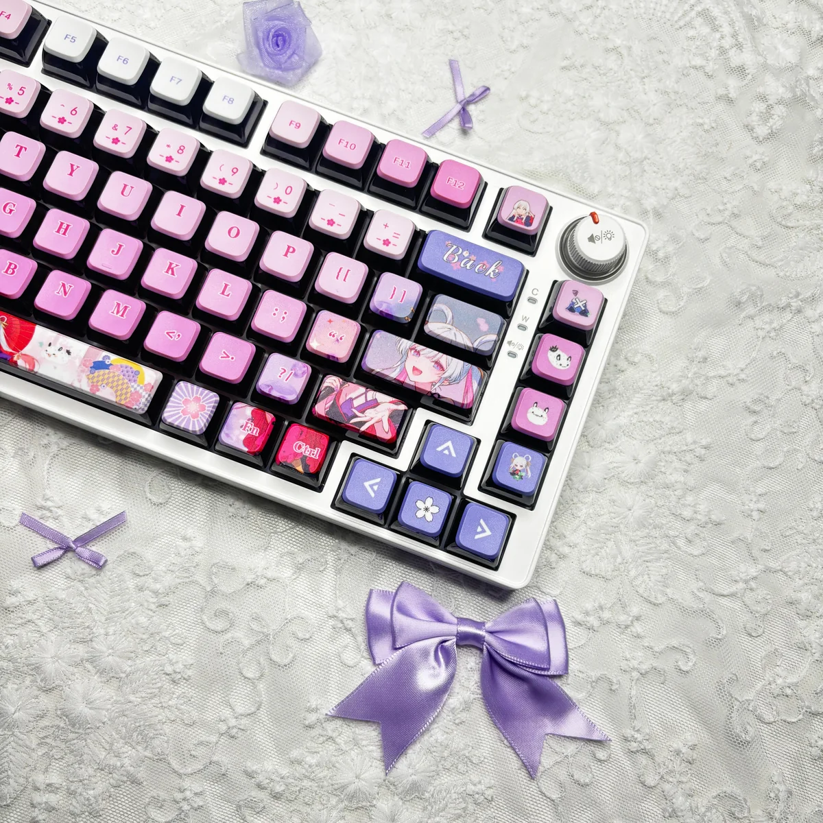 Yachiyo Runami Keycaps set displayed from multiple angles, highlighting its ethereal moon princess design, unique MDA profile.