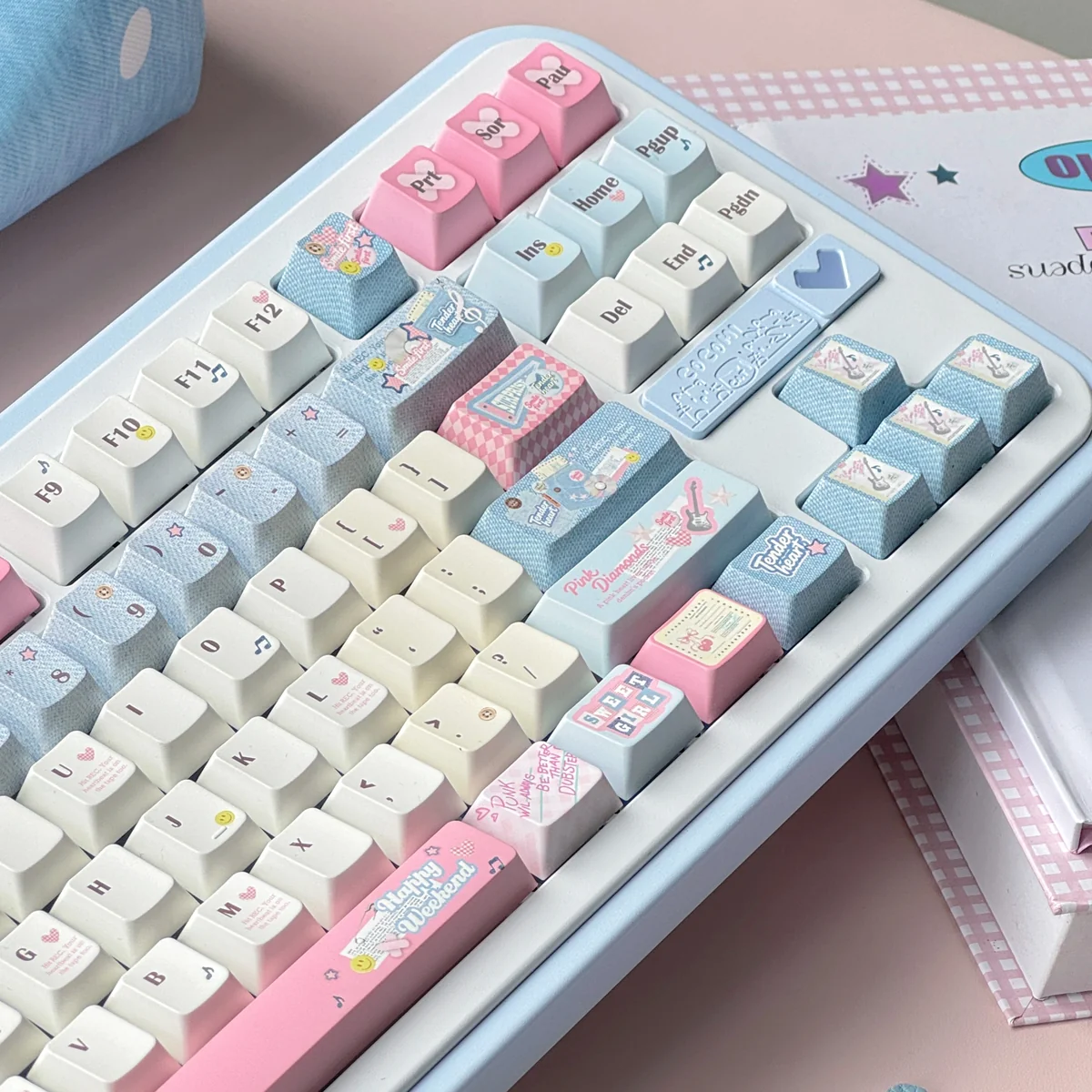 Playful Cowboy Sweetheart PBT Cherry keycaps in a whimsical blue and pink palette, showcasing their distinctive western-inspired design from a unique keycap.