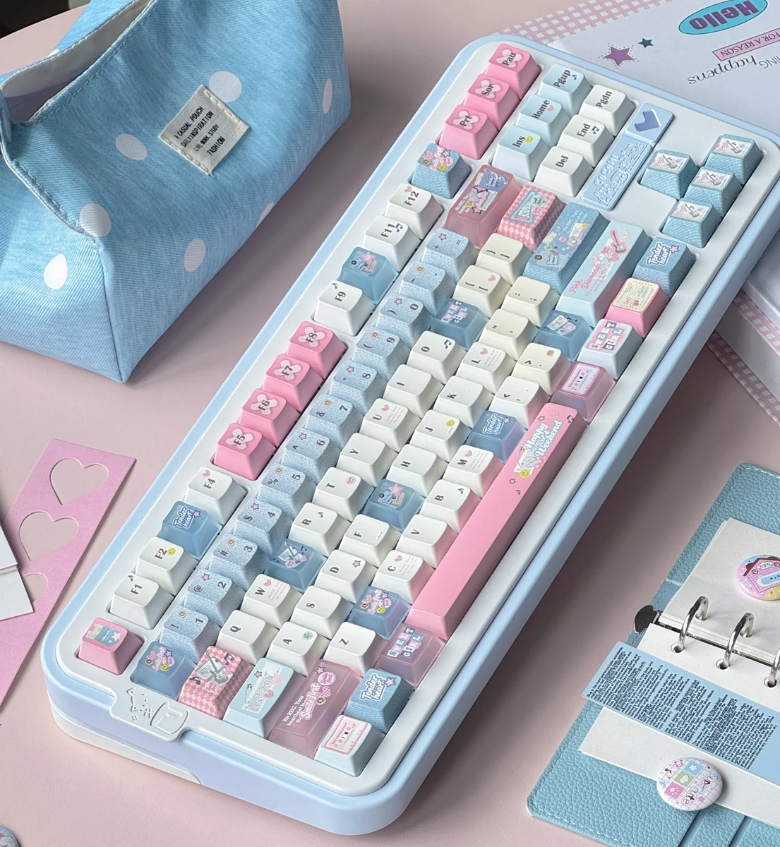 Cowboy Sweetheart Keycaps in PBT Cherry profile, featuring a playful blue and pink western design for a distinctive keyboard.