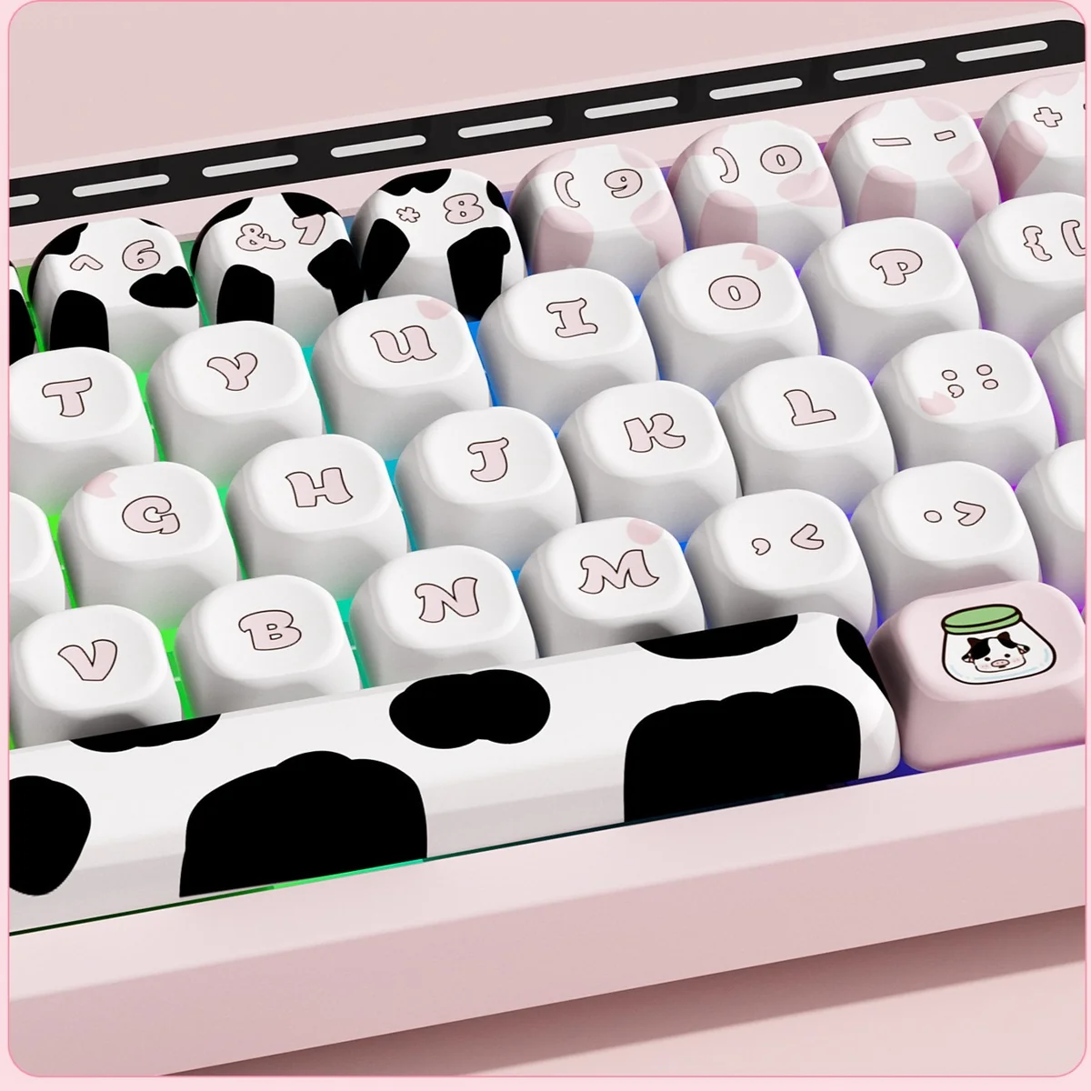 R66 MuMu Dairy Cow Custom Mechanical Keyboard. Playful cow theme, hot-swappable, triple-mode, with vibrant RGB.