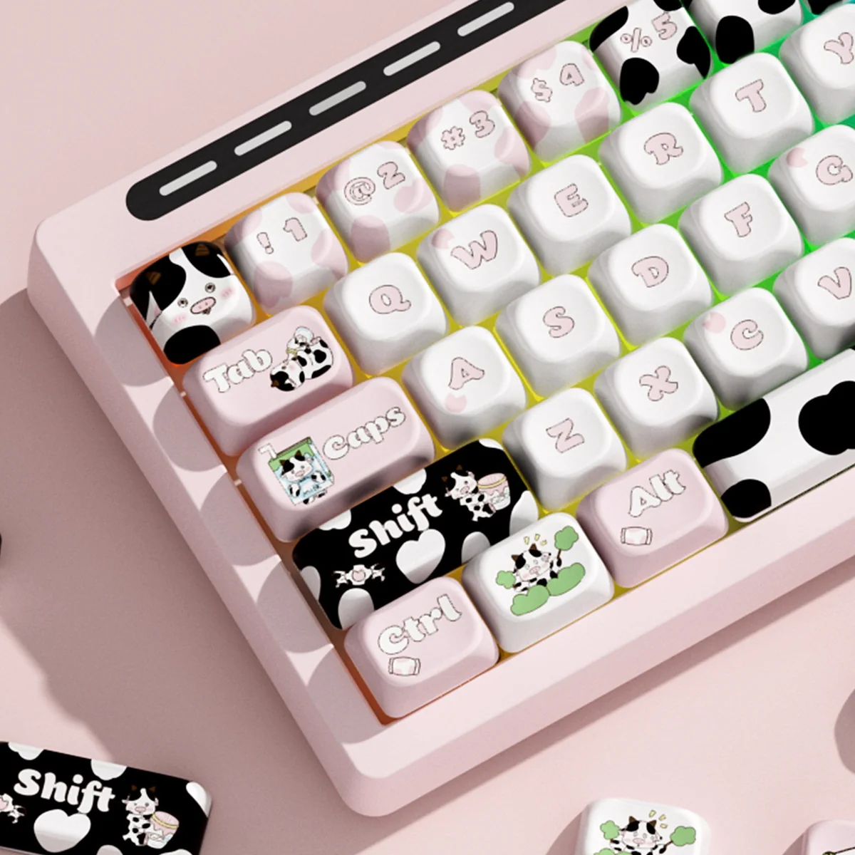 R66 MuMu Dairy Cow custom mechanical keyboard, hot-swappable and triple-mode, featuring its charming pink and white cow-themed design with vibrant color.