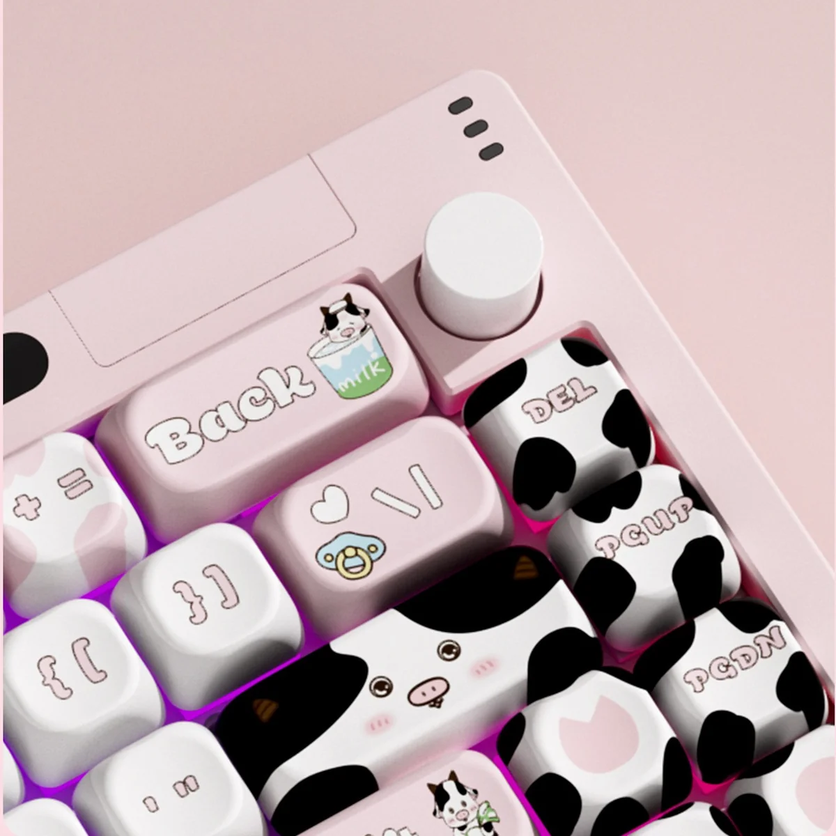 Playful R66 MuMu Dairy Cow custom mechanical keyboard, highlighting its hot-swappable switches, triple-mode connectivity, and charming cow-themed.