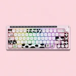 R66 MuMu Dairy Cow Custom Mechanical Keyboard with a playful cow design, vibrant RGB, and hot-swappable switches, showcasing its triple-mode function.