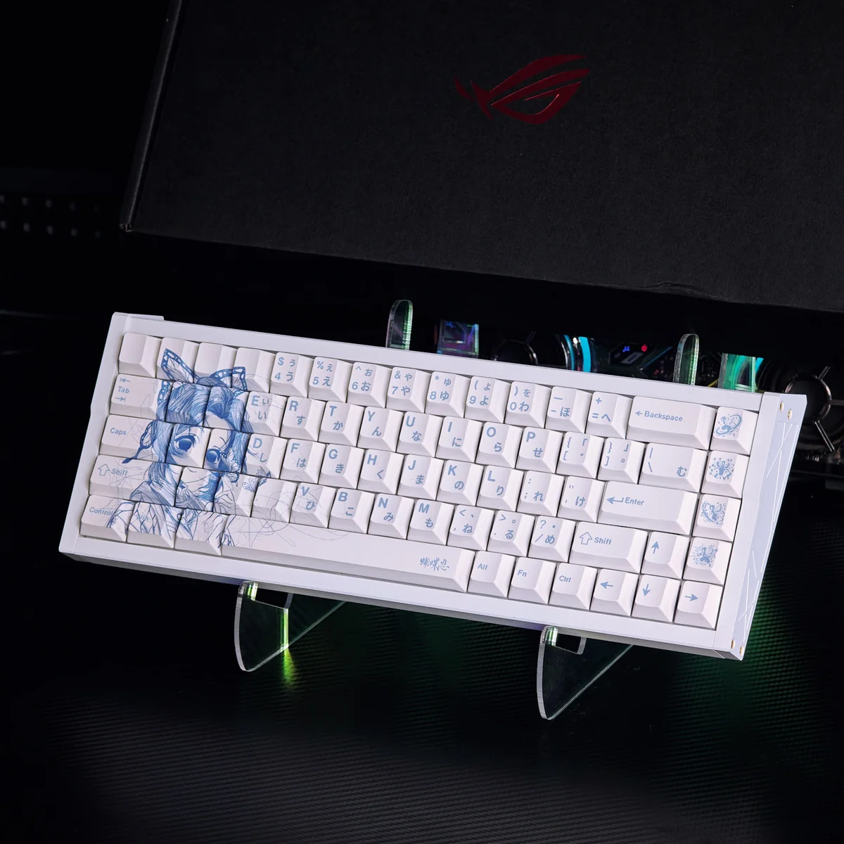 Dynamic Demon Slayer Shinobu Kocho keycap set, showcasing vibrant anime art from multiple angles. Features exclusive 'messy line' aesthetic.