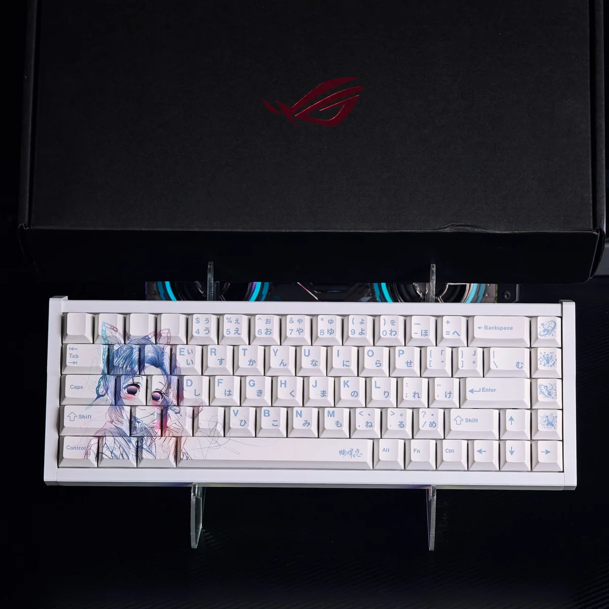 Vibrant Demon Slayer Shinobu Kocho keycap set, dynamically displayed from various angles. Highlights exclusive anime art, unique messy line aesthetic.