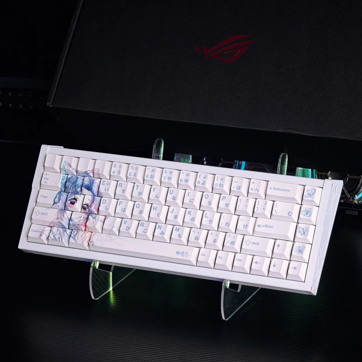 Close-up of the Demon Slayer Shinobu Kocho keycap set, highlighting its exclusive vibrant anime art and unique 'messy line' aesthetic from a distinctive.