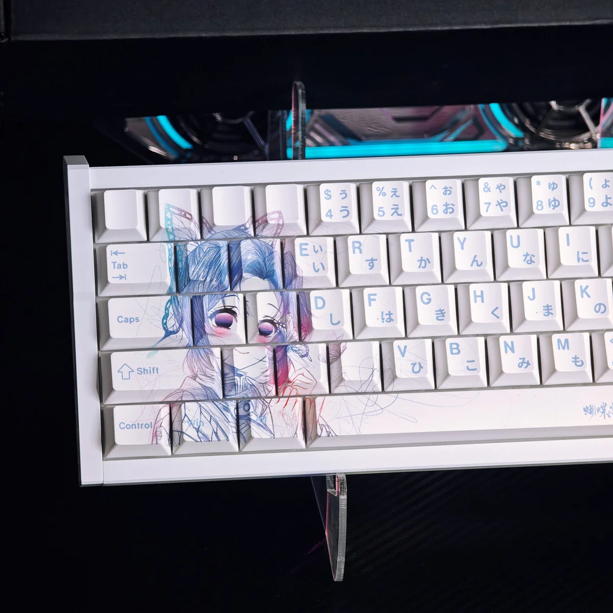 Dynamic close-up of the Demon Slayer Shinobu Kocho Keycap Set, showcasing its vibrant anime art and unique 'messy line' aesthetic from multiple angles.