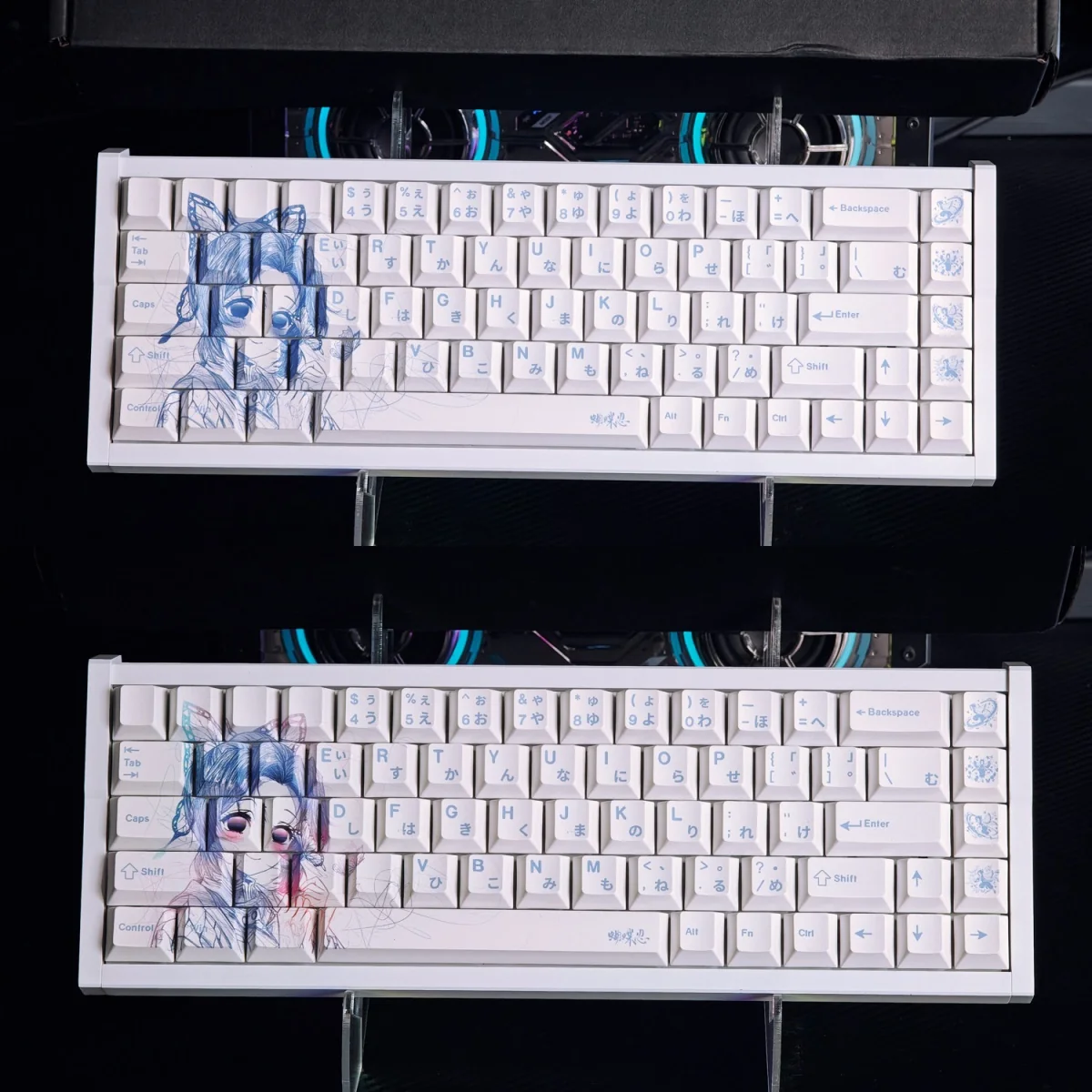 Demon Slayer Shinobu Kocho Keycap Set featuring vibrant, dynamic anime art and a unique 'messy line' aesthetic for custom keyboards.