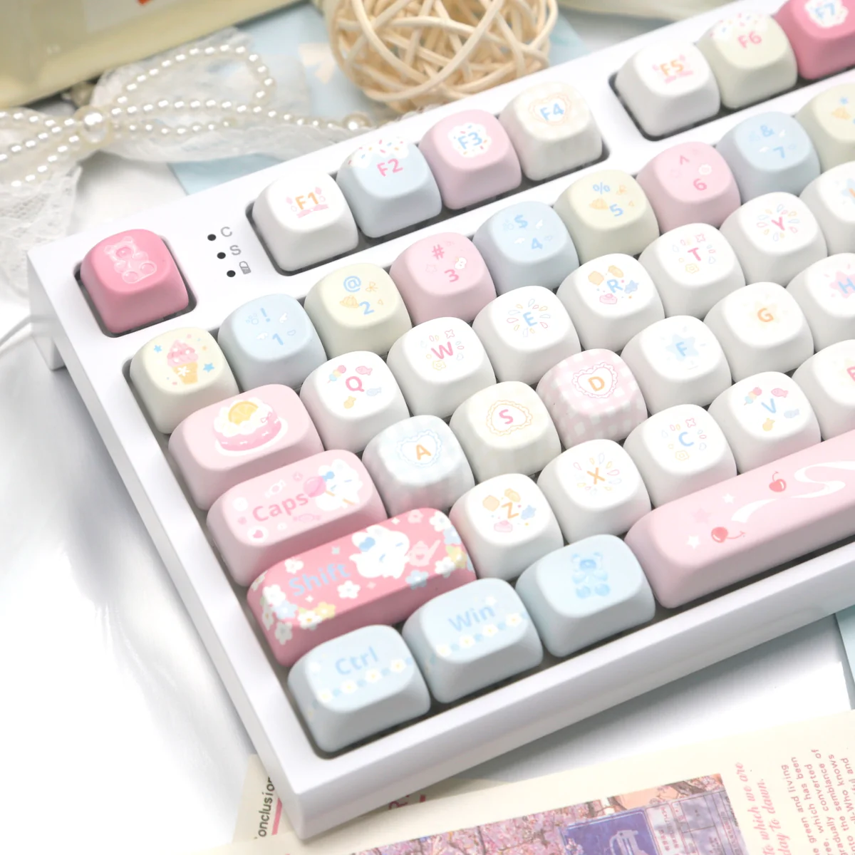 Whimsical Dessert Fox PBT MOA keycaps set displayed from multiple playful angles, highlighting charming pastel dessert fox characters for a delightful.